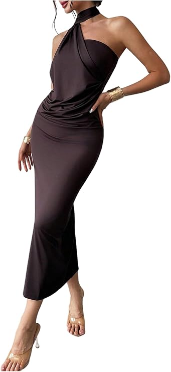 LYSO LUX Women's Sleeveless Bodycon Dress One Shoulder Backless Ruched Cocktail Party Evening Long Dresses