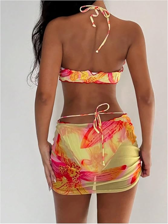 LYSO LUX Women's 3 Piece Swimsuit Floral Halter Bikini Set Beach Vacation Bathing Suit with Drawstring Cover Up Skirt