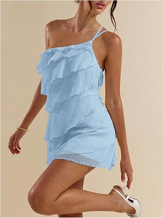 LYSO LUX Women's Mini Dress One Shoulder Ruffle Mesh Dresses Layered Backless Vacation Party Sundresses