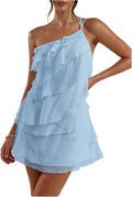 LYSO LUX Women's Mini Dress One Shoulder Ruffle Mesh Dresses Layered Backless Vacation Party Sundresses