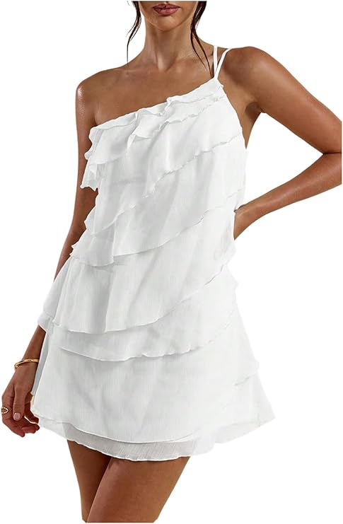 LYSO LUX Women's Mini Dress One Shoulder Ruffle Mesh Dresses Layered Backless Vacation Party Sundresses