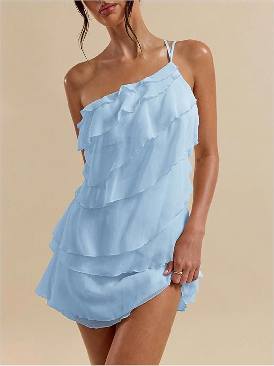 LYSO LUX Women's Mini Dress One Shoulder Ruffle Mesh Dresses Layered Backless Vacation Party Sundresses