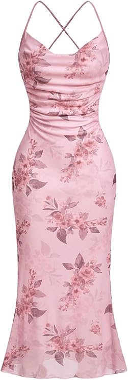LYSO LUX Women's Floral Mesh Bodycon Cami Dress Cowl Neck Sleeveless Cocktail Party Wedding Guest Long Maxi Dresses