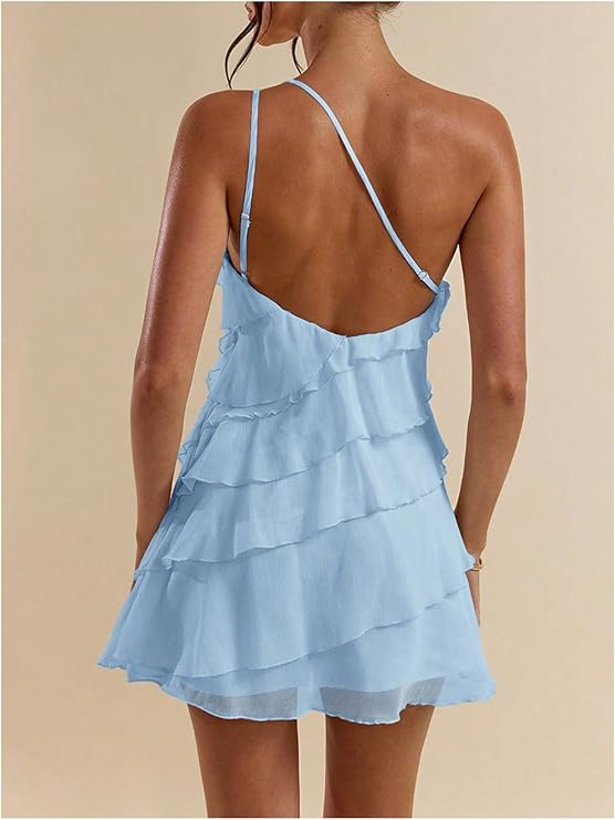 LYSO LUX Women's Mini Dress One Shoulder Ruffle Mesh Dresses Layered Backless Vacation Party Sundresses