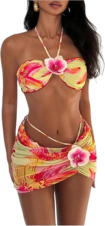 LYSO LUX Women's 3 Piece Swimsuit Floral Halter Bikini Set Beach Vacation Bathing Suit with Drawstring Cover Up Skirt