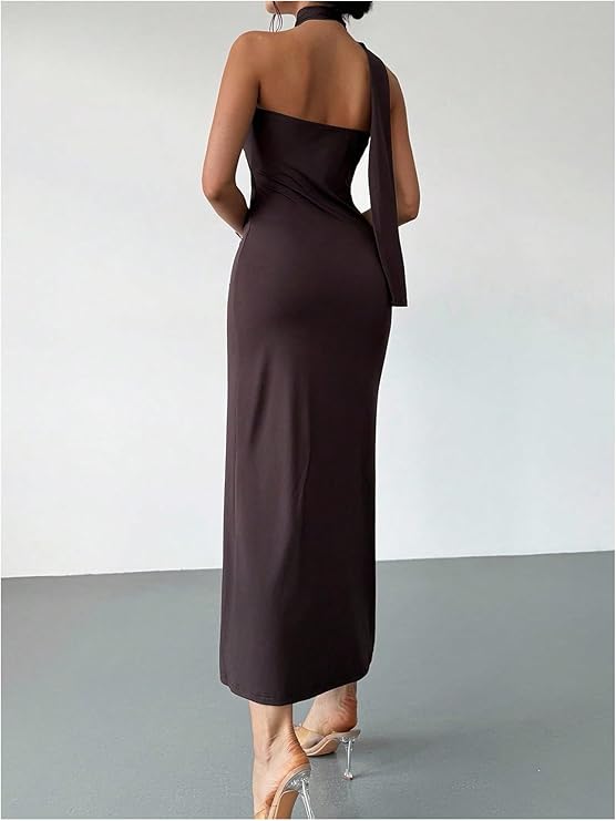 LYSO LUX Women's Sleeveless Bodycon Dress One Shoulder Backless Ruched Cocktail Party Evening Long Dresses