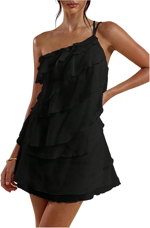 LYSO LUX Women's Mini Dress One Shoulder Ruffle Mesh Dresses Layered Backless Vacation Party Sundresses