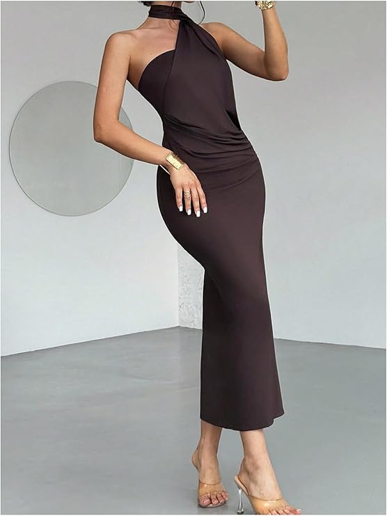 LYSO LUX Women's Sleeveless Bodycon Dress One Shoulder Backless Ruched Cocktail Party Evening Long Dresses