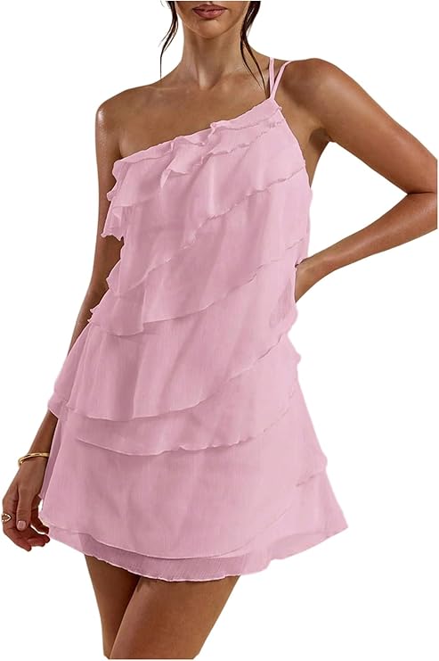LYSO LUX Women's Mini Dress One Shoulder Ruffle Mesh Dresses Layered Backless Vacation Party Sundresses