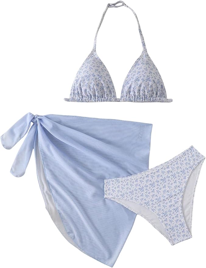 LYSO LUX Girl's Summer Swimsuit Set Floral Halter Triangle Bikini Set with Wrap Skirts Beachwear