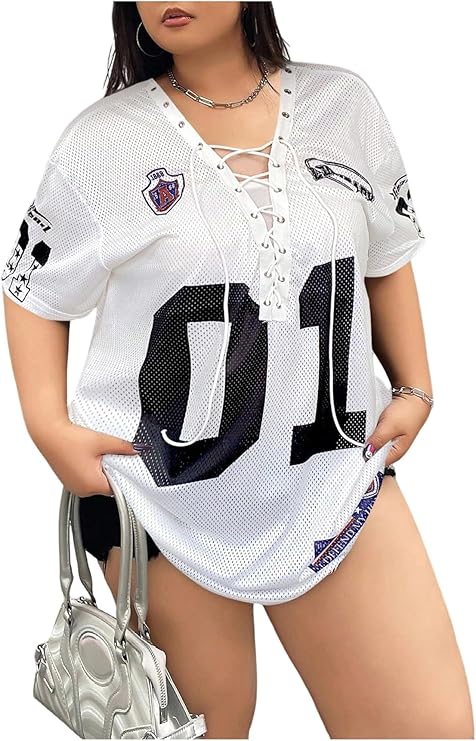 LYSO LUX Women's Plus Size Jersey Lace Up V Neck Short Sleeve T Shirts Number Graphic Tee Tops Streetwear