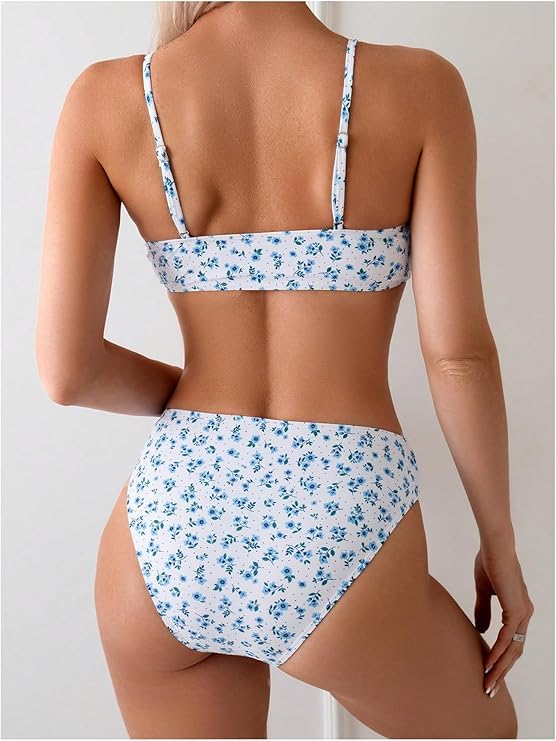 LYSO LUX Women's 2 Piece Bathing Suit Floral Print High Waisted Scoop Neck Cute Bikini Set Beachwear