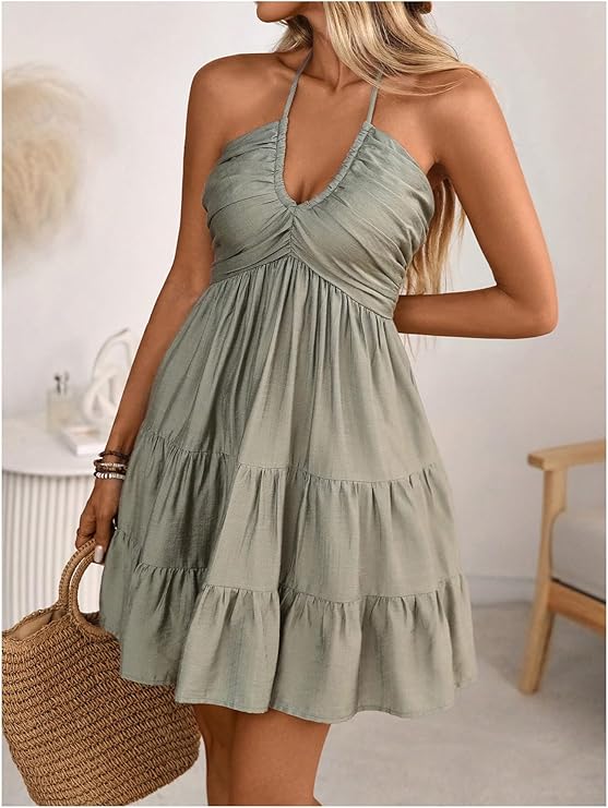 LYSO LUX Women's Summer Mini Dress Halter Backless Sleeveless A Line Ruffle Hem Flowy Cami Dresses Sundress