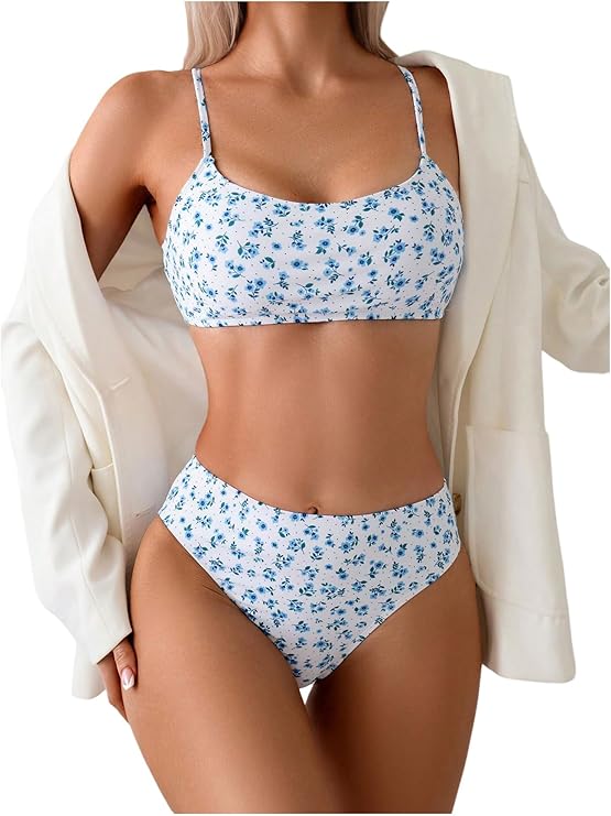 LYSO LUX Women's 2 Piece Bathing Suit Floral Print High Waisted Scoop Neck Cute Bikini Set Beachwear