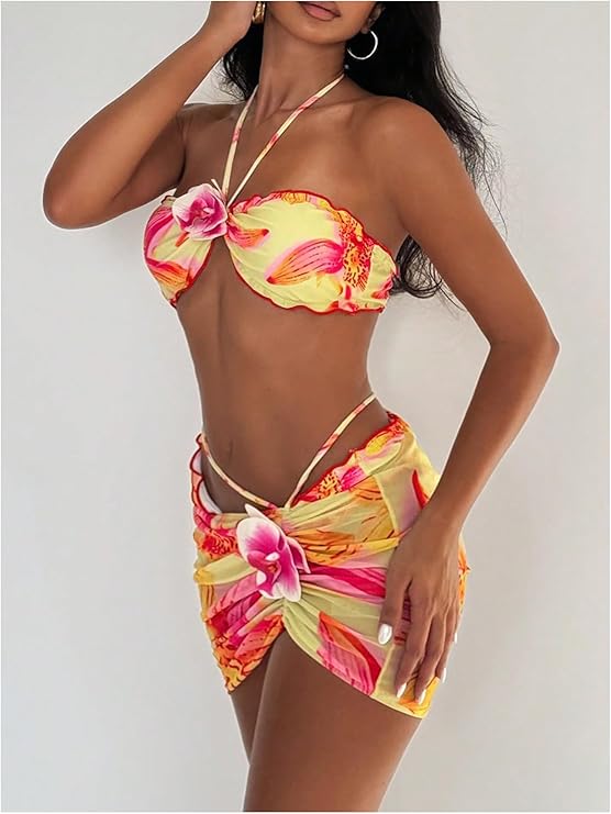 LYSO LUX Women's 3 Piece Swimsuit Floral Halter Bikini Set Beach Vacation Bathing Suit with Drawstring Cover Up Skirt