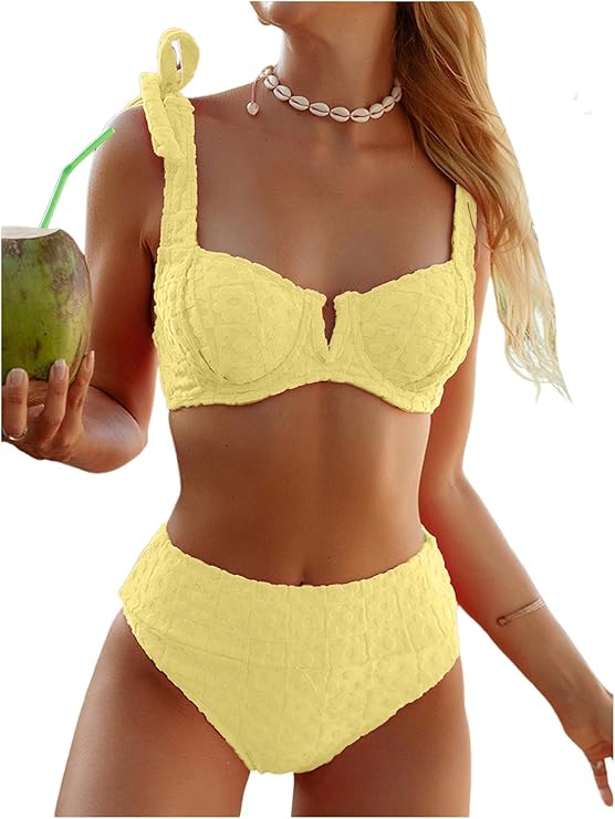 LYSO LUX Women's High Waisted Bathing Suit Tie Shoulder Underwire Summer Swimsuit Bikini Set