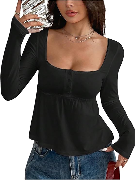 LYSO HUX Women's Babydoll Tops Long Sleeve Henley Shirts Cute Square Neck Coquette Peplum Top