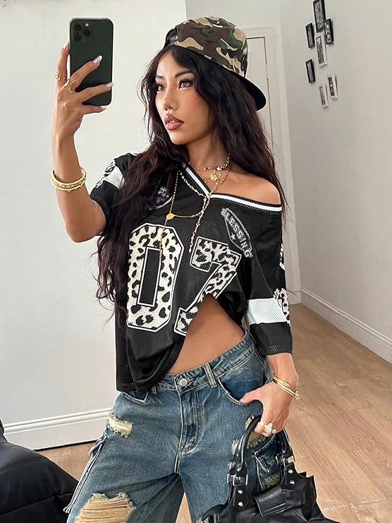 LYSO LUX Women's Y2k Leopard Number Graphic Oversized Tops Football Jersey Shirts Streetwear