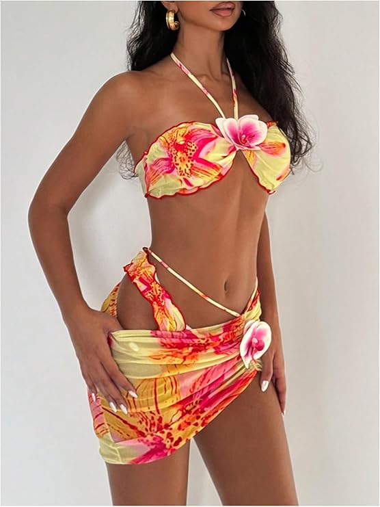LYSO LUX Women's 3 Piece Swimsuit Floral Halter Bikini Set Beach Vacation Bathing Suit with Drawstring Cover Up Skirt