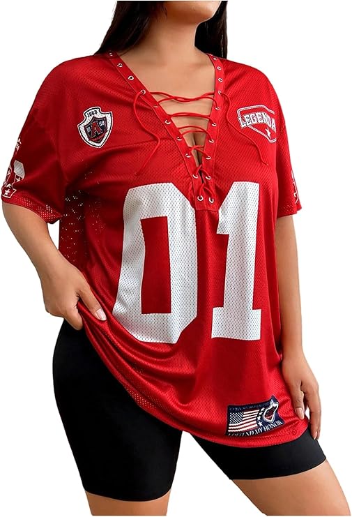 LYSO LUX Women's Plus Size Jersey Lace Up V Neck Short Sleeve T Shirts Number Graphic Tee Tops Streetwear