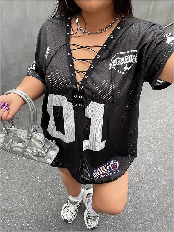 LYSO LUX Women's Plus Size Jersey Lace Up V Neck Short Sleeve T Shirts Number Graphic Tee Tops Streetwear