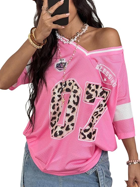 LYSO LUX Women's Y2k Leopard Number Graphic Oversized Tops Football Jersey Shirts Streetwear