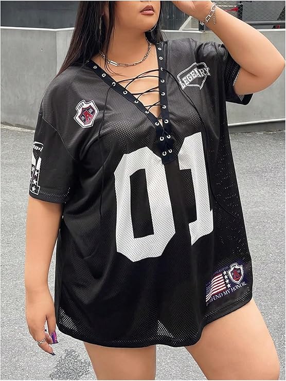 LYSO LUX Women's Plus Size Jersey Lace Up V Neck Short Sleeve T Shirts Number Graphic Tee Tops Streetwear