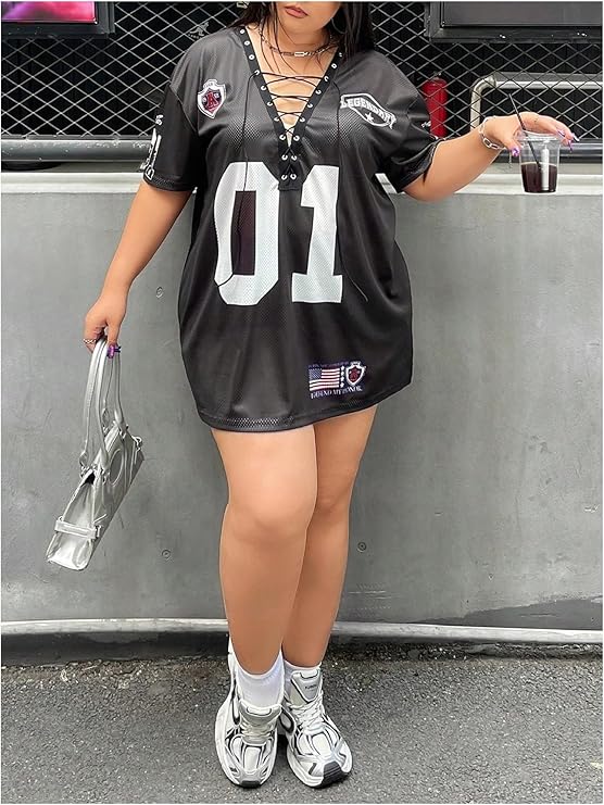 LYSO LUX Women's Plus Size Jersey Lace Up V Neck Short Sleeve T Shirts Number Graphic Tee Tops Streetwear