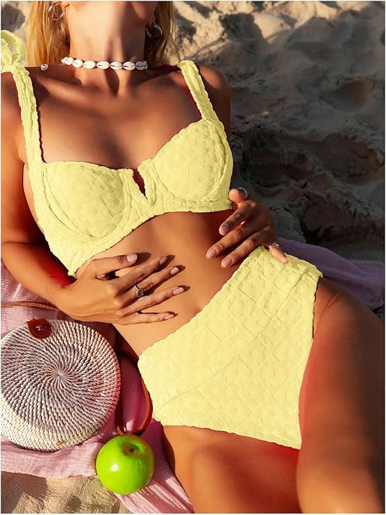 LYSO LUX Women's High Waisted Bathing Suit Tie Shoulder Underwire Summer Swimsuit Bikini Set