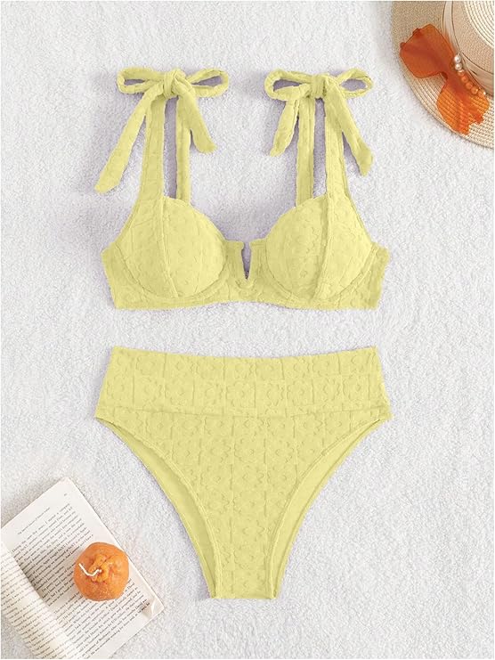 LYSO LUX Women's High Waisted Bathing Suit Tie Shoulder Underwire Summer Swimsuit Bikini Set