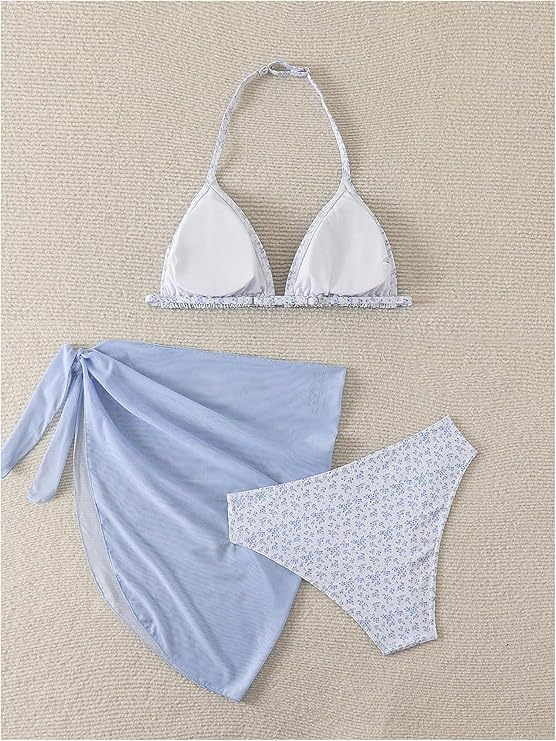 LYSO LUX Girl's Summer Swimsuit Set Floral Halter Triangle Bikini Set with Wrap Skirts Beachwear