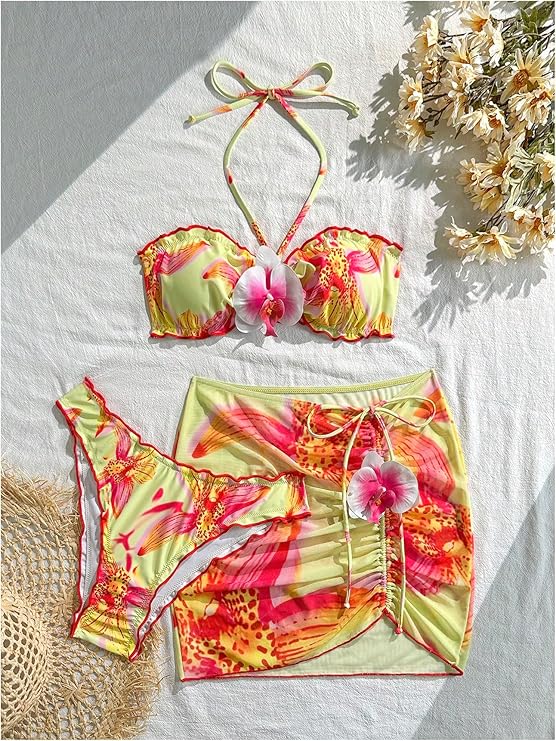 LYSO LUX Women's 3 Piece Swimsuit Floral Halter Bikini Set Beach Vacation Bathing Suit with Drawstring Cover Up Skirt